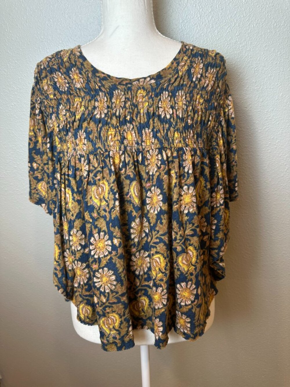 Free People Printed Ruffled Up Top Navy Combo Boho Smocked Blouse - Small